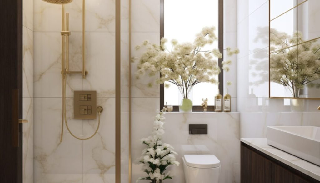 Modern bathroom with luxurious decor and natural elements.