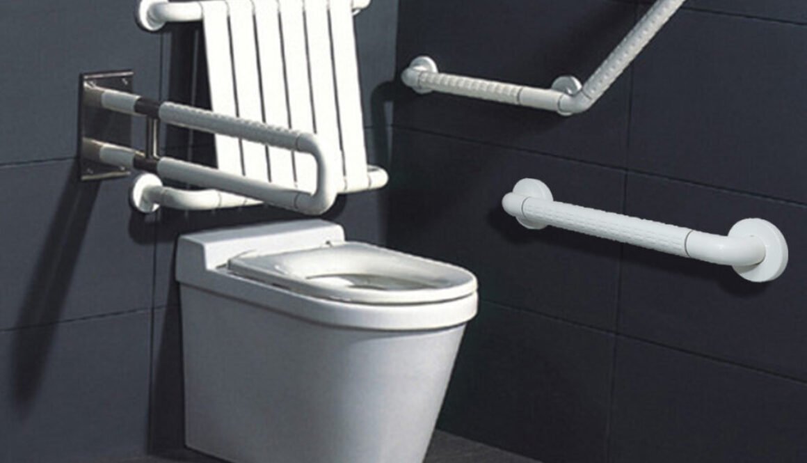 White toilet with grab bars for accessibility.