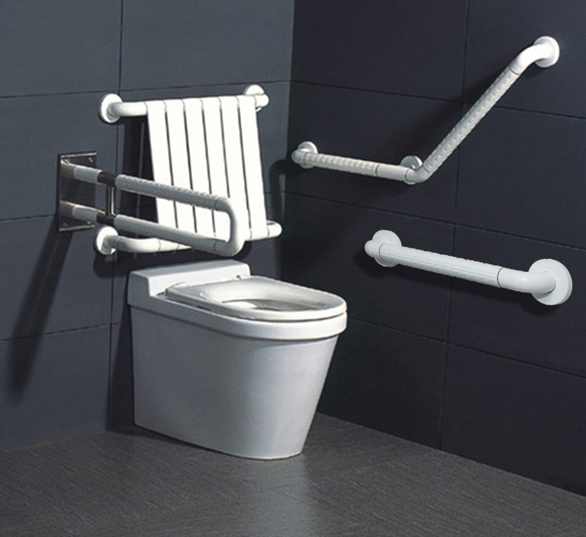 White toilet with grab bars for accessibility.