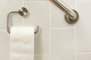 Stainless steel grab bar and toilet paper holder.