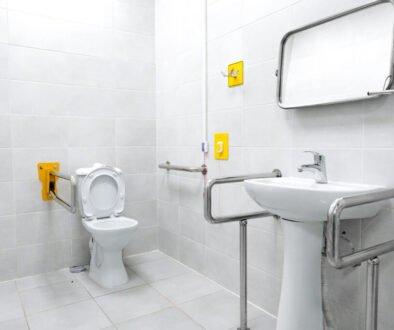 Accessible restroom with grab bars and sink