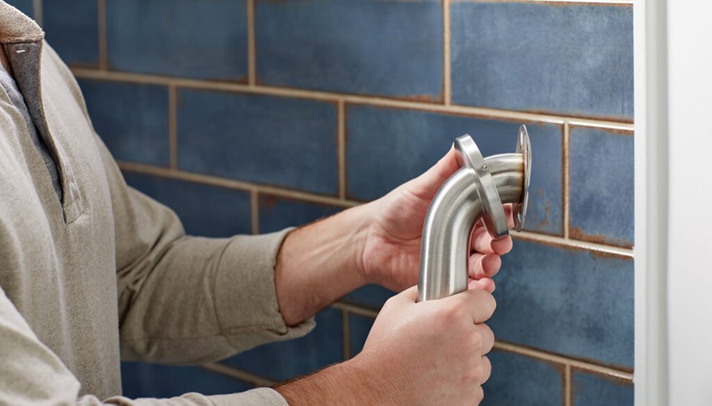 Person installing plumbing against tiled wall.