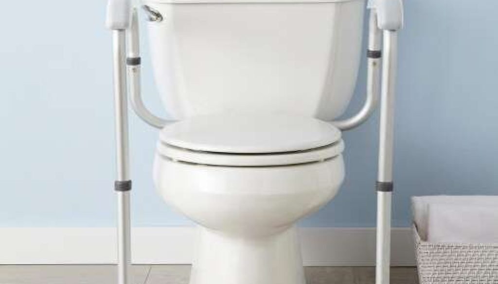 Toilet with support rails for accessibility.