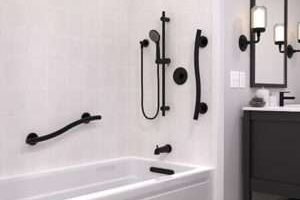 Stylish bathroom with modern black fixtures.