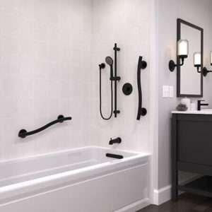 Stylish bathroom with modern black fixtures.