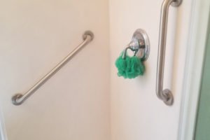 Shower with grab bars and a loofah